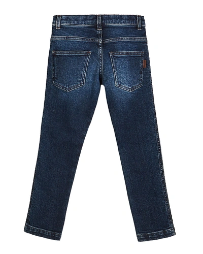 Shop Fendi Girl's Denim Jeans W/ Logo Tape Sides In Blue