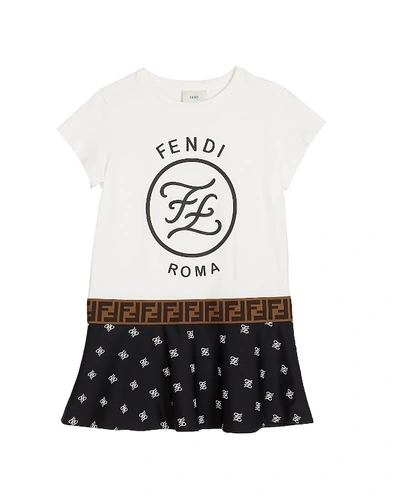 Shop Fendi Girl's Short-sleeve Mixed Logo Dress In White/black