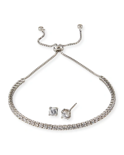 Shop Helena Girl's Sterling Silver Cubic Zirconia Adjustable Bracelet W/ Matching Stud Earrings Set