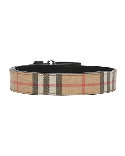 Shop Burberry Kid's Check Belt W/ Logo Plaque Buckle In Beige