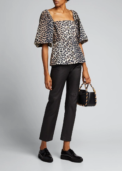 Shop Ganni Leopard-print Poplin Button-down Top