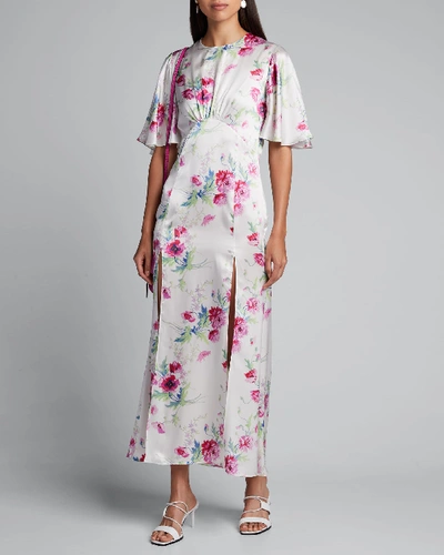 Shop Les Rêveries Flutter-sleeve Split-front Floral Dress In Pink Pattern