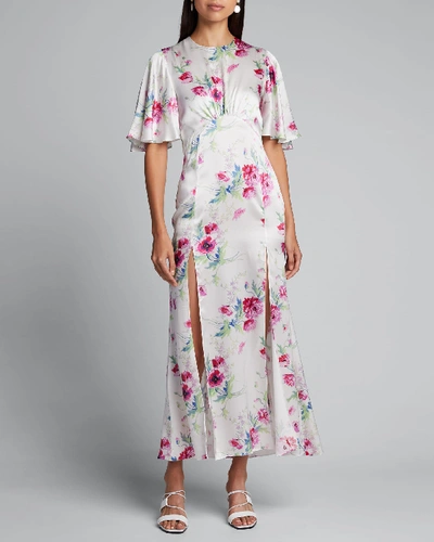 Shop Les Rêveries Flutter-sleeve Split-front Floral Dress In Pink Pattern