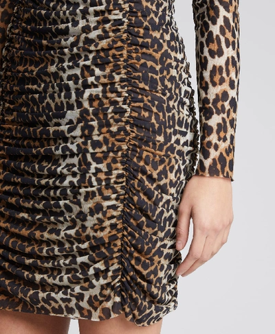 Shop Ganni Leopard-print Ruched Mesh Long-sleeve Dress