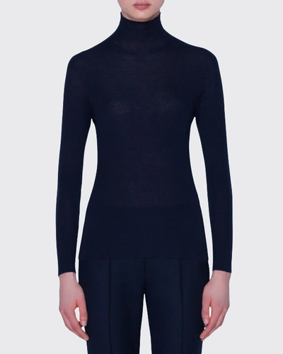 Shop Akris Seamless Ribbed Turtleneck Sweater In Navy