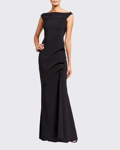 Shop Chiara Boni La Petite Robe Melania Off-the-shoulder Cap-sleeve Shirred-skirt Gown In Black