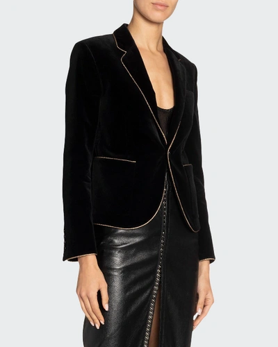 Shop Saint Laurent Golden-trim Velvet Fitted Blazer In Black