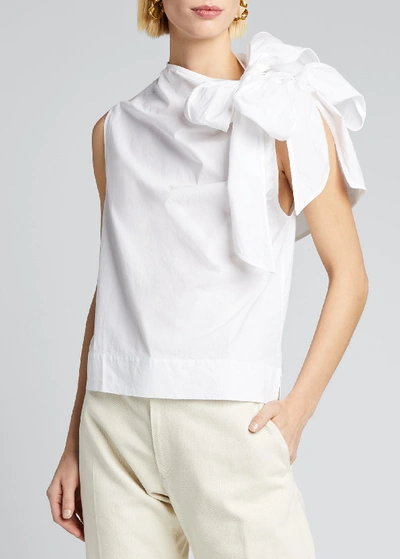 Shop Ganni Sleeveless Poplin Bow Top In White