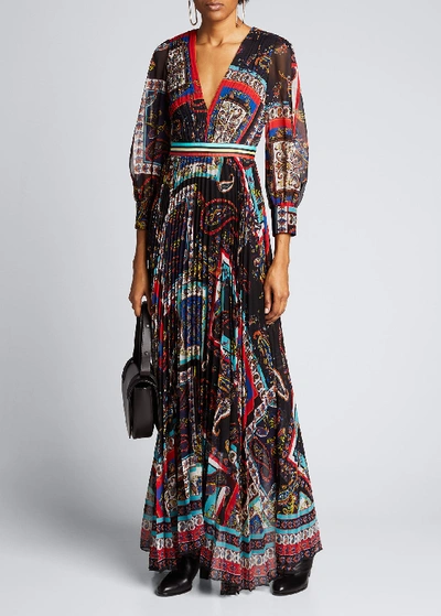 Shop Alice And Olivia Cheney Slit-sleeve Pleated Maxi Dress In Multi Pattern