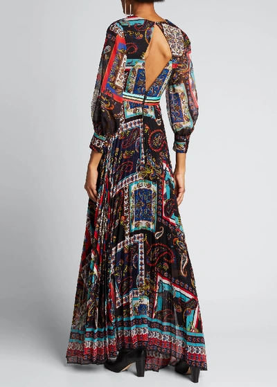 Shop Alice And Olivia Cheney Slit-sleeve Pleated Maxi Dress In Multi Pattern