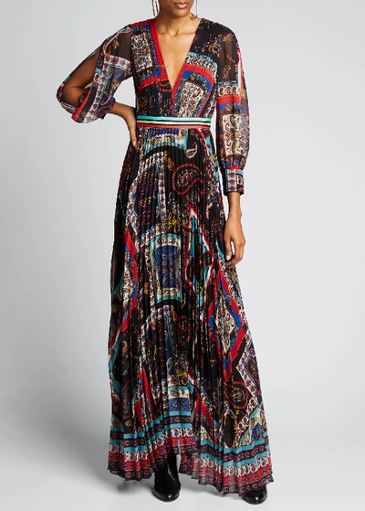 Shop Alice And Olivia Cheney Slit-sleeve Pleated Maxi Dress In Multi Pattern