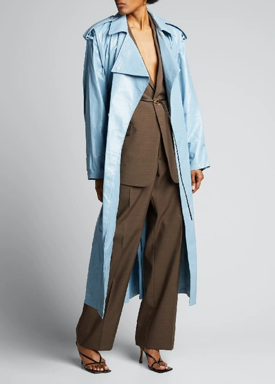Shop Bottega Veneta Shiny Leather Double-breasted Trench Coat In Light Blue