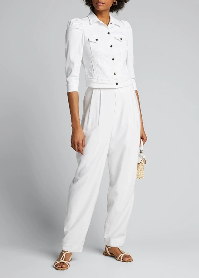 Shop Retroféte Ada Puff-sleeve Denim Jacket In White