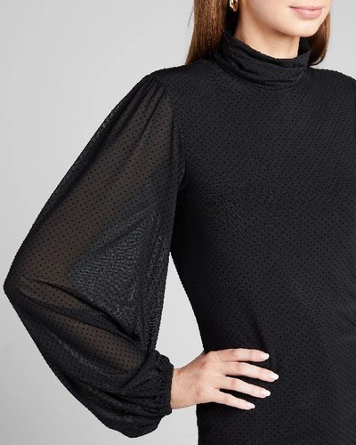 Shop Ganni Dotted Mesh Turtleneck Long-sleeve Blouse In Black