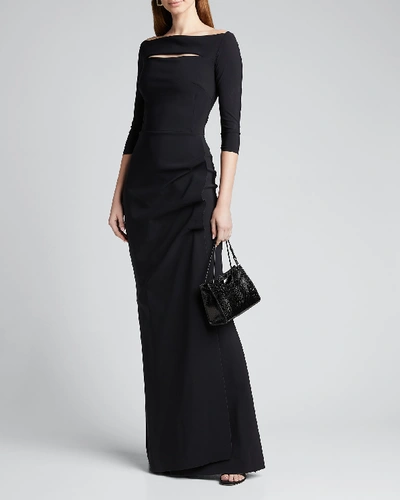 Shop Chiara Boni La Petite Robe Kate Long-sleeve Gathered Trumpet Evening Gown In Black