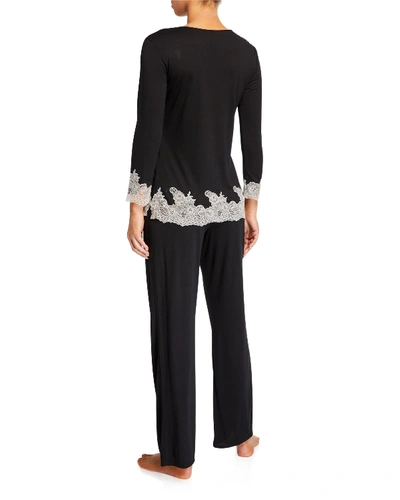 Shop Natori Shangri La Luxe Lace-trim Pajama Set In Black