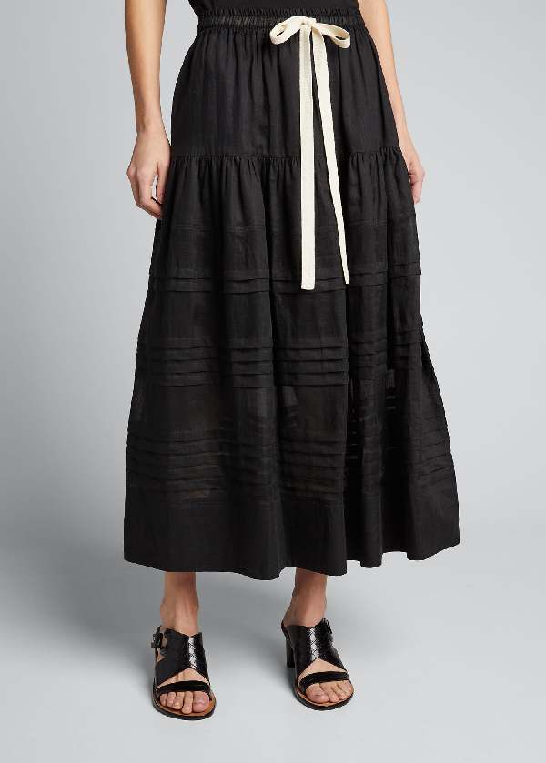 Lee Mathews Gigi Drawstring-waist Tiered Ramie Midi Skirt In Black ...