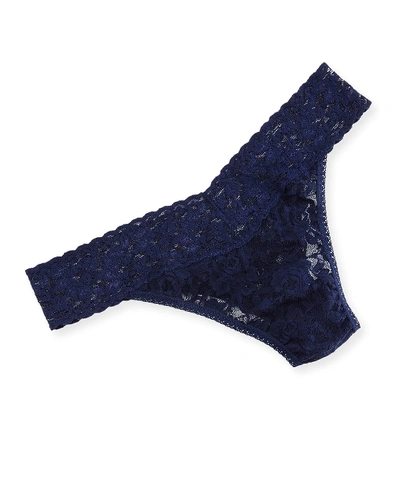 Shop Hanky Panky Stretch Lace Traditional-rise Thong In Navy