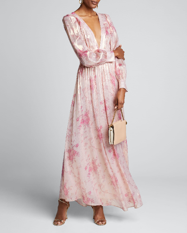 Loveshackfancy Cyrena Metallic Shine Lon Sleeve Maxi Dress In Pale Rose ...