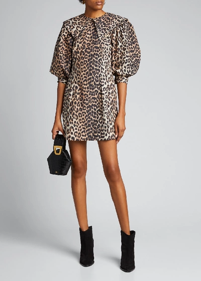 Shop Ganni Leopard-print Poplin Puff-sleeve Dress