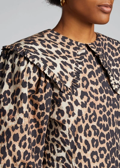 Shop Ganni Leopard-print Poplin Puff-sleeve Dress