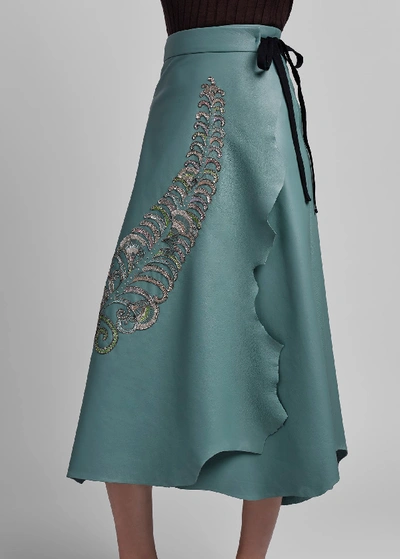 Shop Prada Beaded Feather Embroidered Leather Skirt In Green