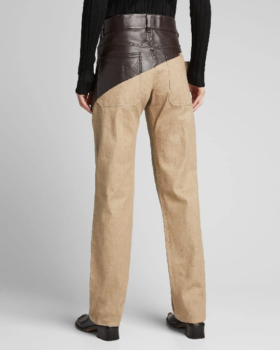 Shop Bottega Veneta Denim Pants With Asymmetric Leather Waist In White