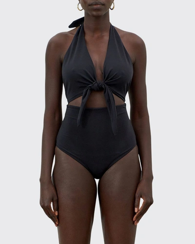 Shop Mara Hoffman Maddy Tie-front Cutout One-piece Halter Swimsuit In Nero