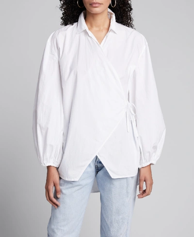 Shop Ganni Poplin Long-sleeve Wrap Blouse In White