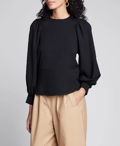 Shop Ganni Recycled Heavy Crepe Crewneck Blouse In Black