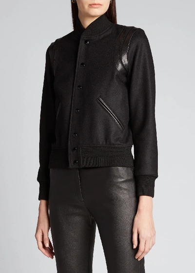 Shop Saint Laurent Teddy Fleece Varsity Jacket In Black