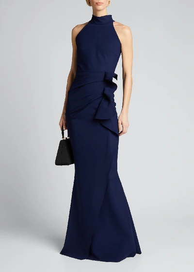 Chiara Boni La Petite Robe Side Ruched Halter Gown With Asymmetric Ruffle In Navy