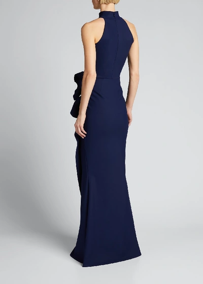 Chiara Boni La Petite Robe Side Ruched Halter Gown With Asymmetric Ruffle In Navy