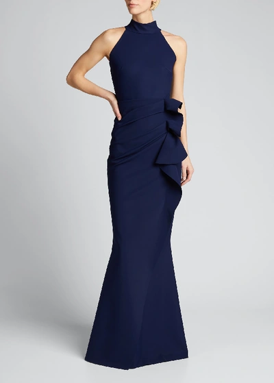 Chiara Boni La Petite Robe Side Ruched Halter Gown With Asymmetric Ruffle In Navy