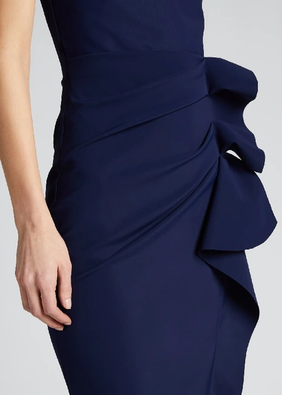Chiara Boni La Petite Robe Side Ruched Halter Gown With Asymmetric Ruffle In Navy
