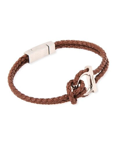 Shop Ferragamo Men's Gancio Braided Leather Rope Bracelet In Brown