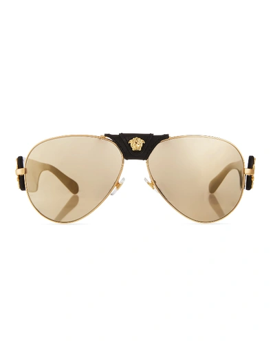 Shop Versace Men's Leather Metal Medusa Head Aviator Sunglasses In Gold