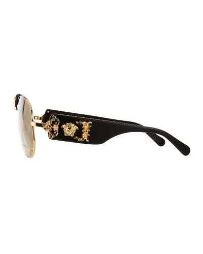 Shop Versace Men's Leather Metal Medusa Head Aviator Sunglasses In Gold