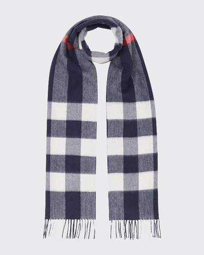 Shop Burberry Men's Half Mega Check Cashmere Scarf In Blue Pattern