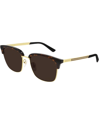 Shop Gucci Men's Half-rim Havana Acetate/metal Sunglasses