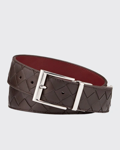 Shop Bottega Veneta Men's Cintura Reversible Intrecciato Leather Belt In Black Pattern