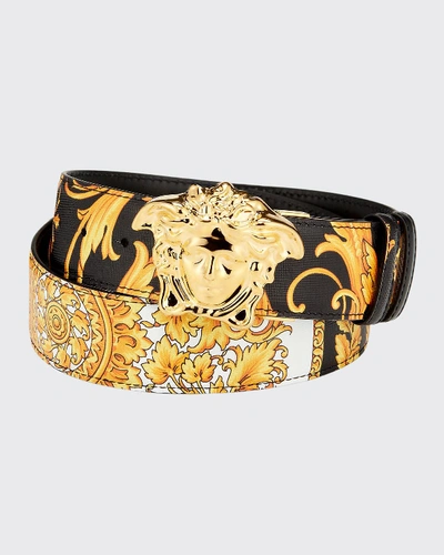 Shop Versace Men's Reversible Barocco Medusa Leather Belt In Black/gold
