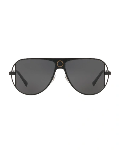 Shop Versace Men's Medusa Head/greek Key Cutout-frame Sunglasses In Black