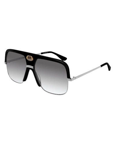 Shop Gucci Men's Aviator Sunglasses With Exaggerated Logo Brow In Black