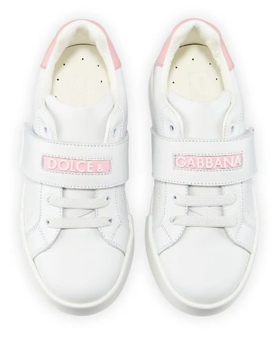 Shop Dolce & Gabbana Grip-strap Two-tone Leather Logo Sneakers, Toddler/kids In White/red