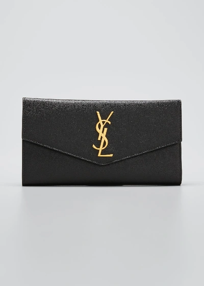 Shop Saint Laurent Ysl Monogram Small Envelope Flap Wallet With Zip Pocket In Grained Leather In Black