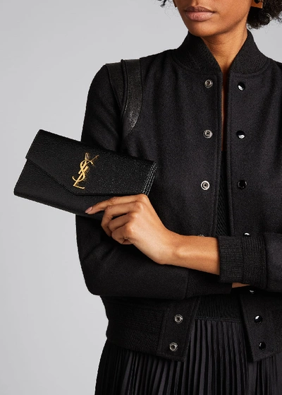Shop Saint Laurent Ysl Monogram Small Envelope Flap Wallet With Zip Pocket In Grained Leather In Black