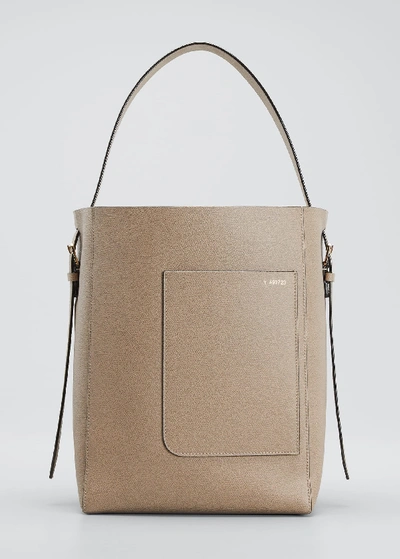 Shop Valextra Leather Bucket Tote Bag In Light Gray