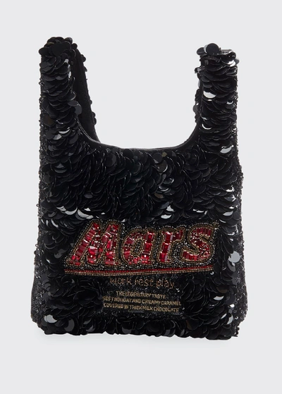 Shop Anya Hindmarch Mars Bars Sequined Mini Tote Bag In Black