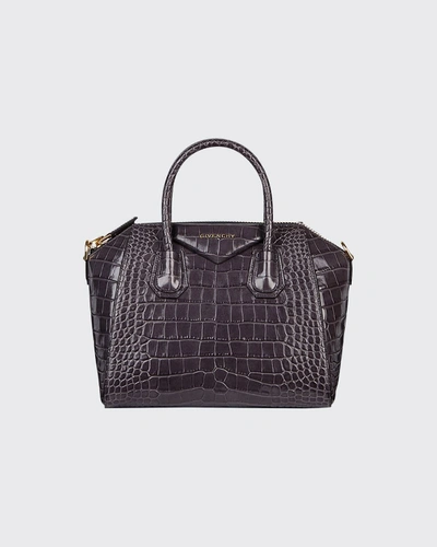 Shop Givenchy Antigona Small Croc-embossed Leather Satchel Bag In Dark Gray